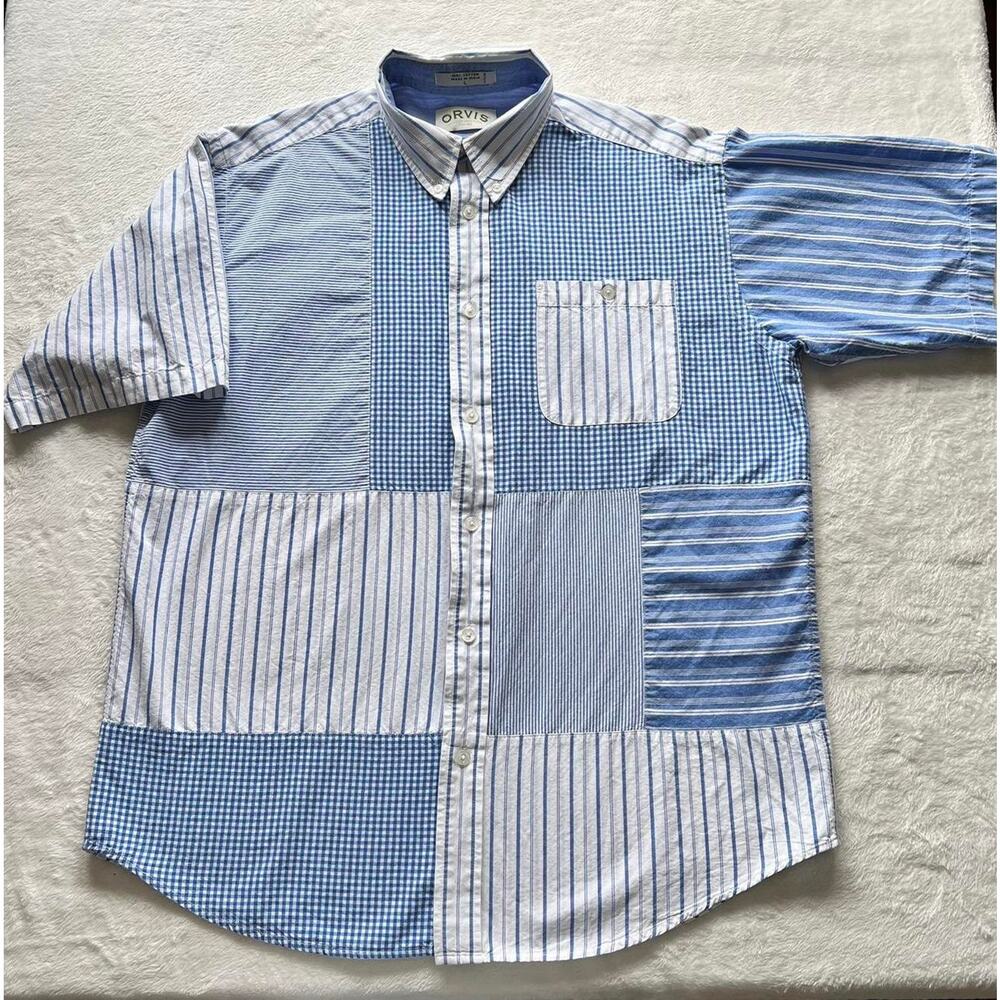 Orvis color block blue white striped button down men’s shirt size large